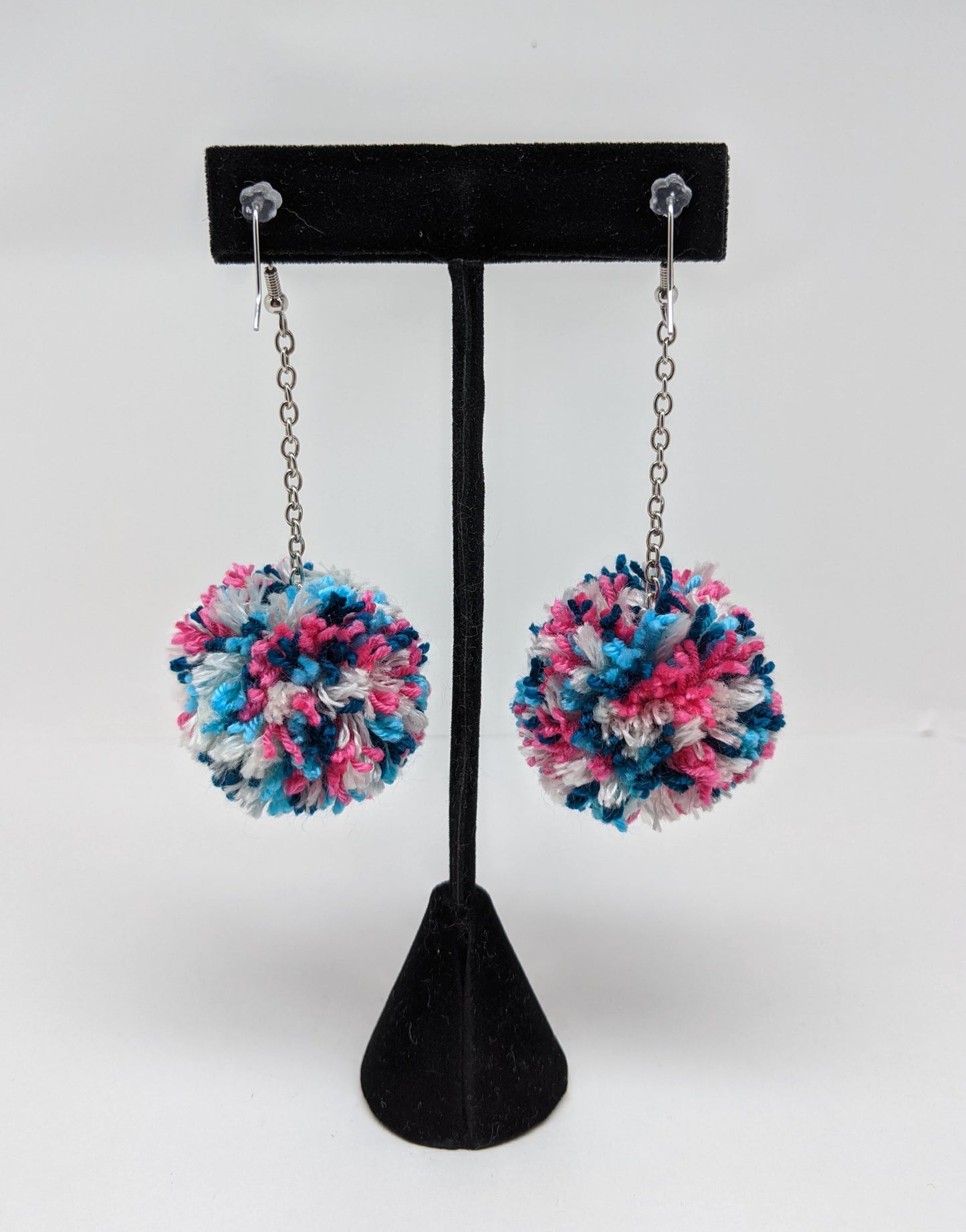 Pom Pom Earrings Pink Aqua White & Turquoise Yarn w/ Silver Plated Cable Chain