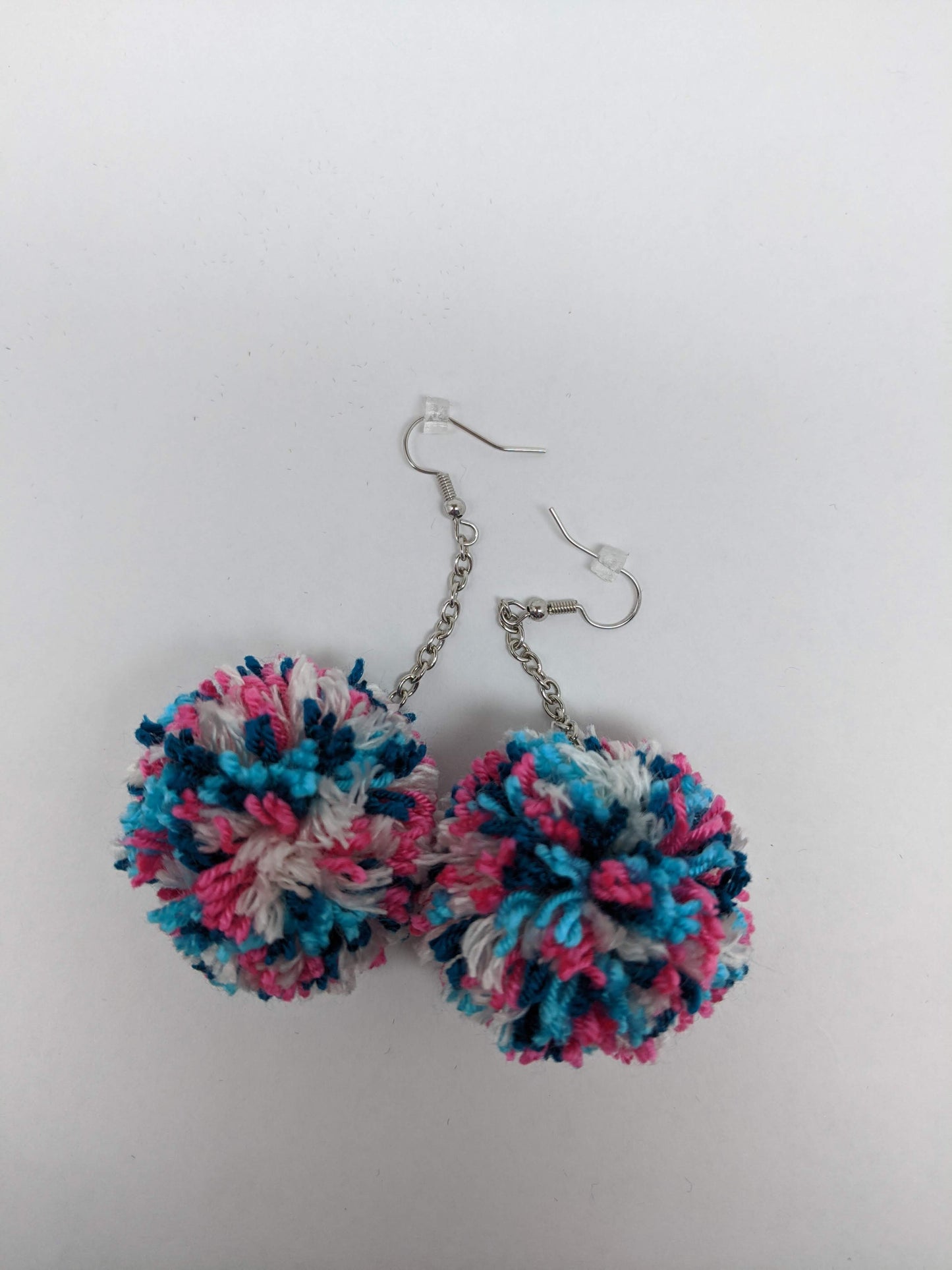 Pom Pom Earrings Pink Aqua White & Turquoise Yarn w/ Silver Plated Cable Chain