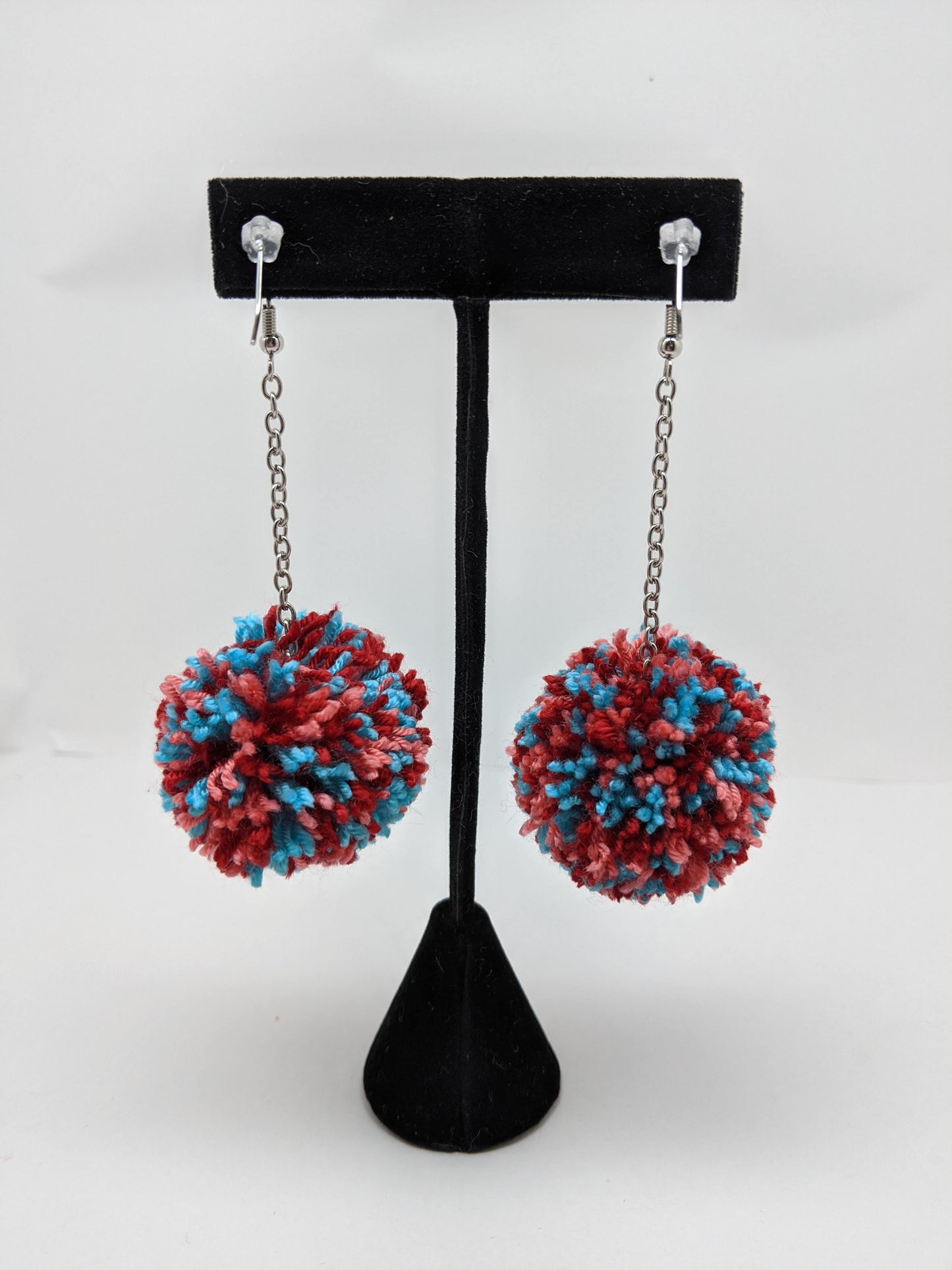 Pom Pom Earrings Coral Red & Aqua Yarn w/ Silver Plated Cable Chain