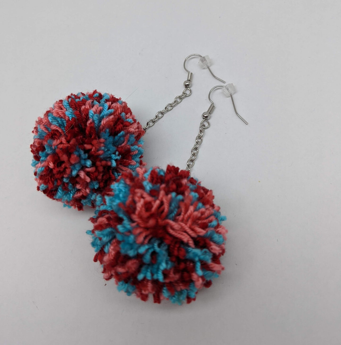 Pom Pom Earrings Coral Red & Aqua Yarn w/ Silver Plated Cable Chain