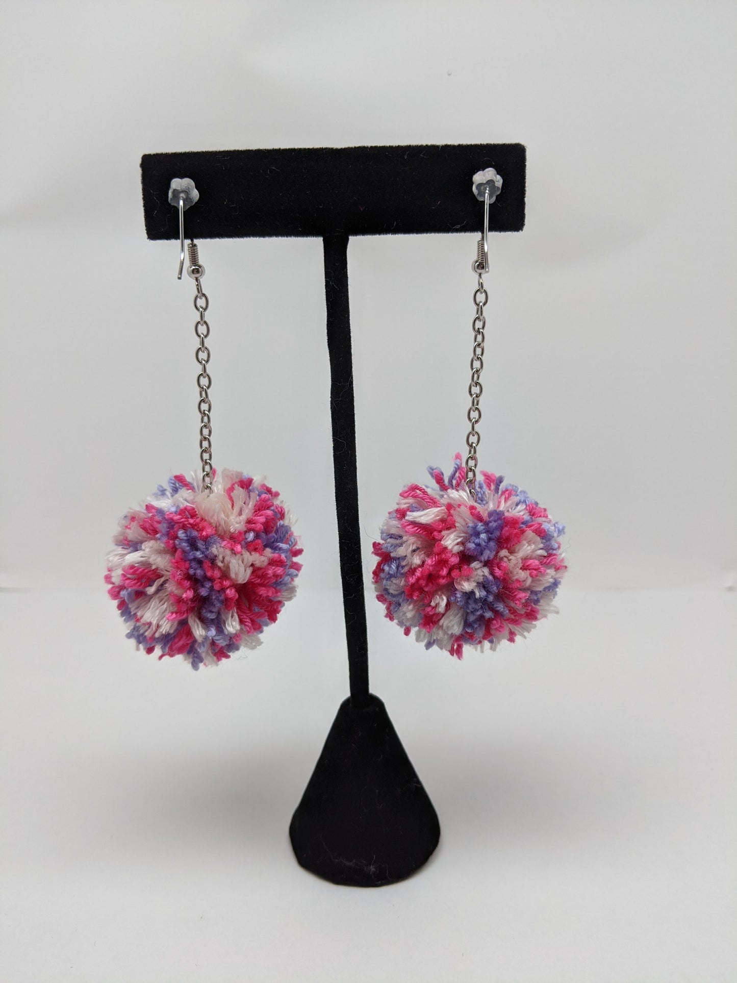 Pom Pom Earrings Lavender Pink & White Yarn w/ Silver Plated Cable Chain