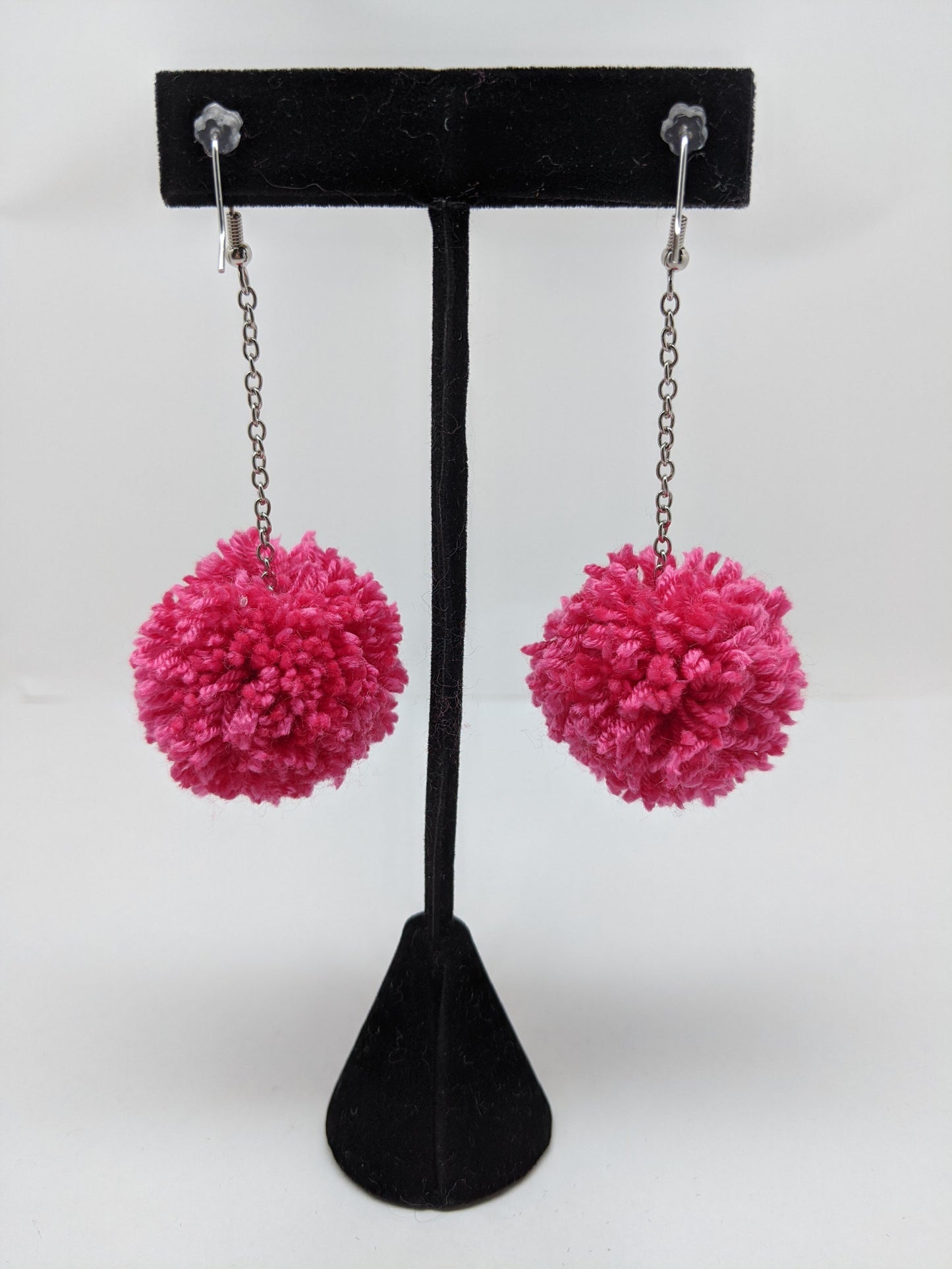 Pom Pom Earrings Hot Pink Yarn w/ Silver Plated Cable Chain