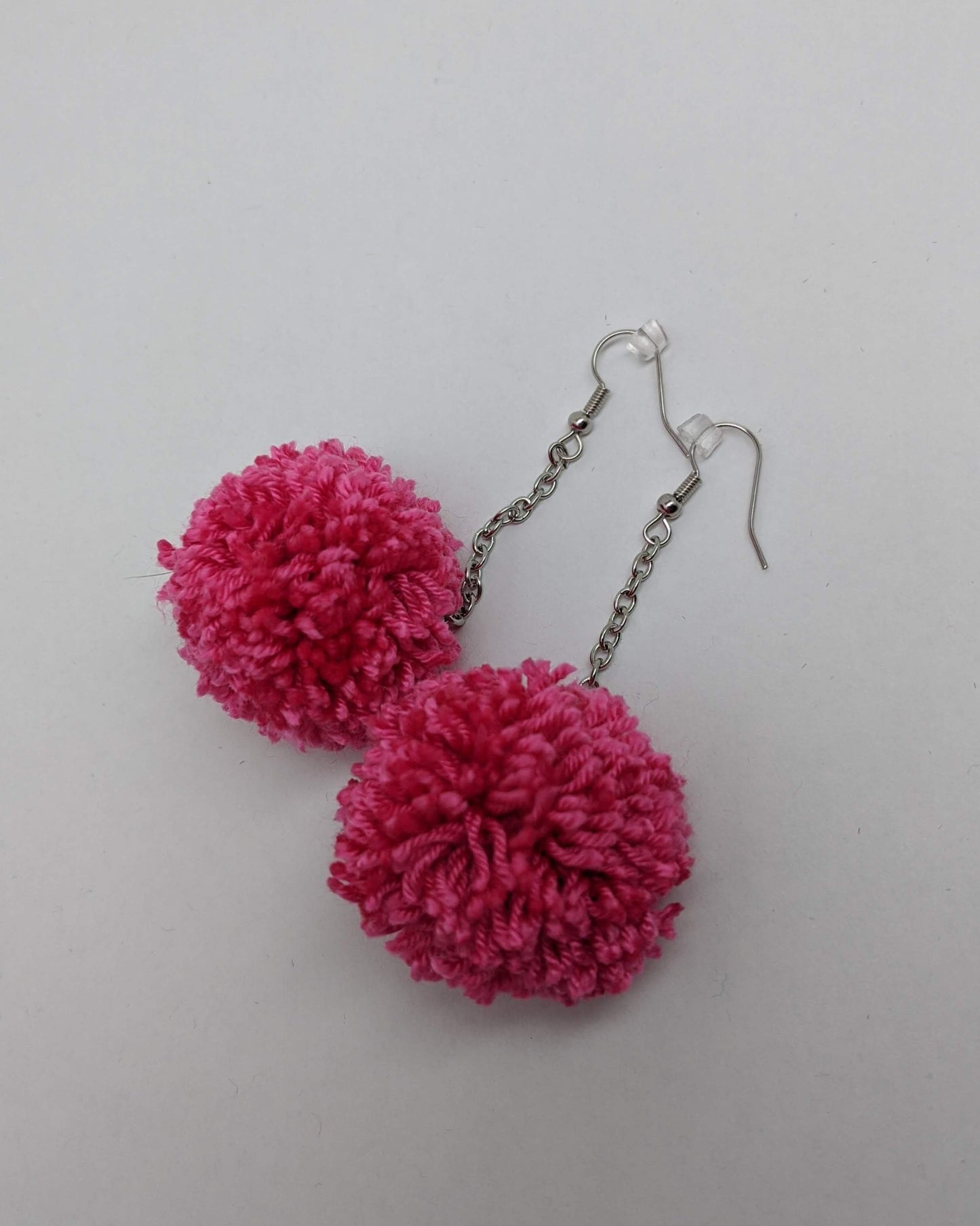 Pom Pom Earrings Hot Pink Yarn w/ Silver Plated Cable Chain