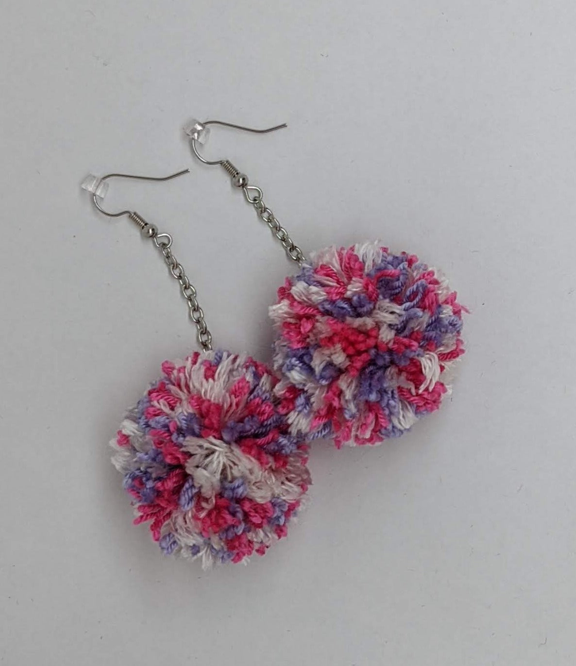 Pom Pom Earrings Lavender Pink & White Yarn w/ Silver Plated Cable Chain