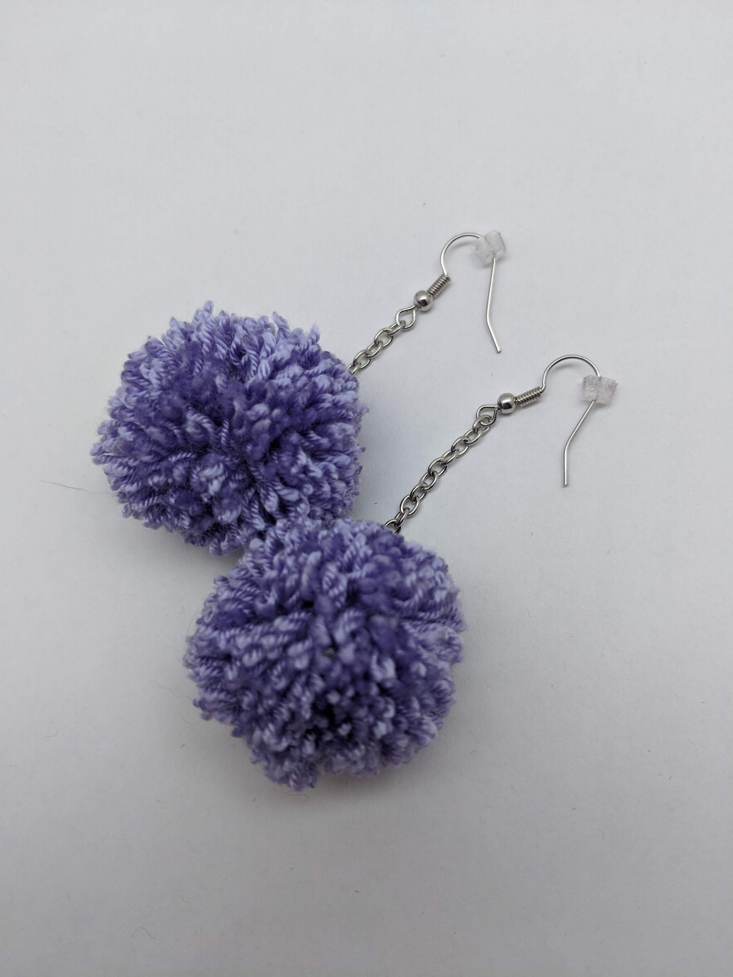 Pom Pom Earrings Lavender Yarn w/ Silver Plated Cable Chain