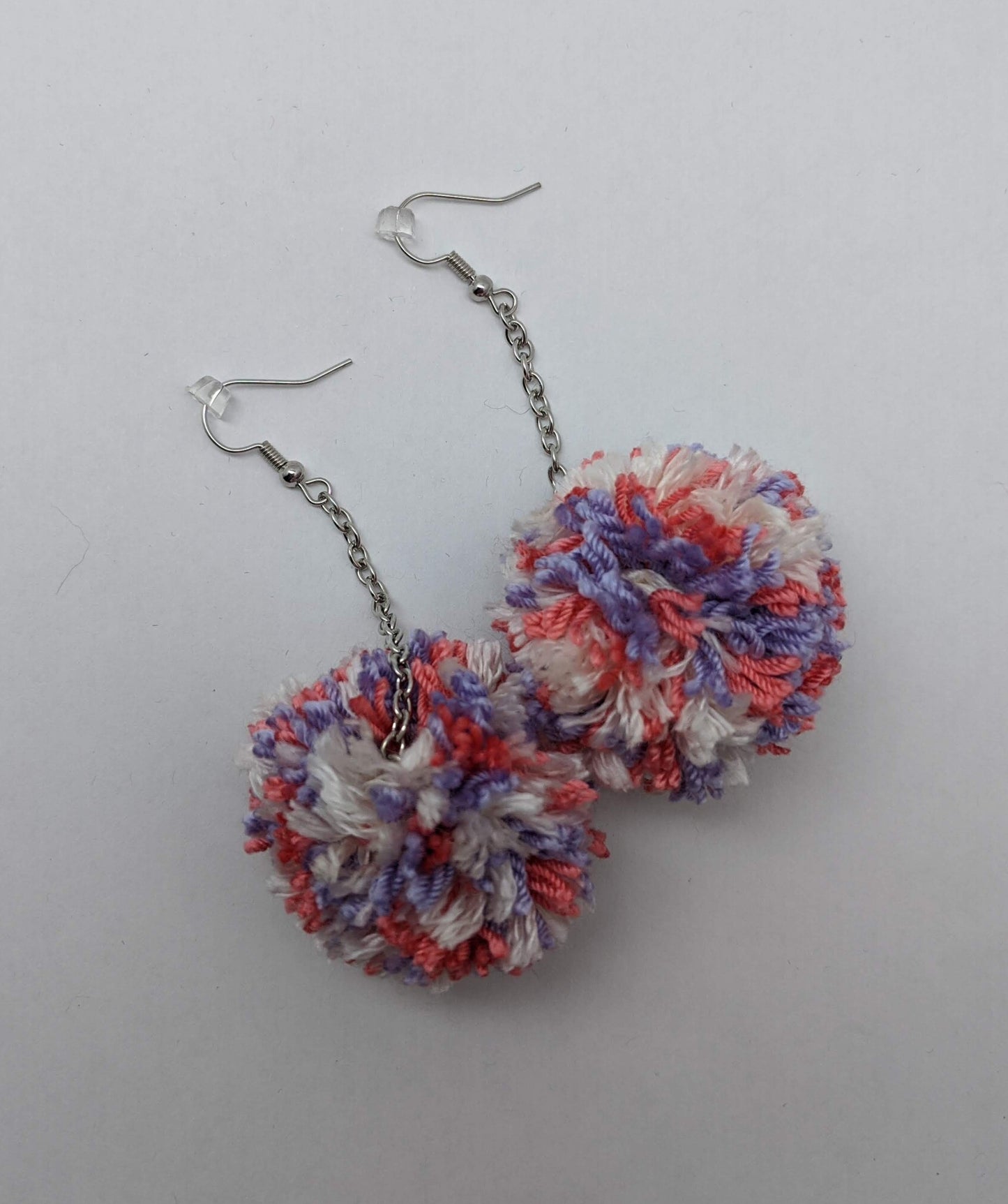 Pom Pom Earrings Coral Lavender & White Yarn w/ Silver Plated Cable Chain
