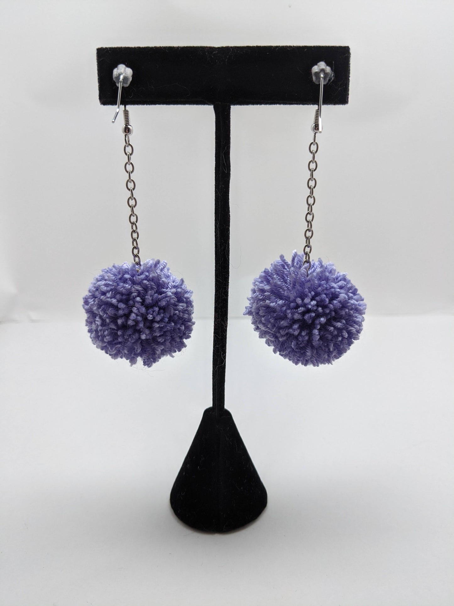 Pom Pom Earrings Lavender Yarn w/ Silver Plated Cable Chain