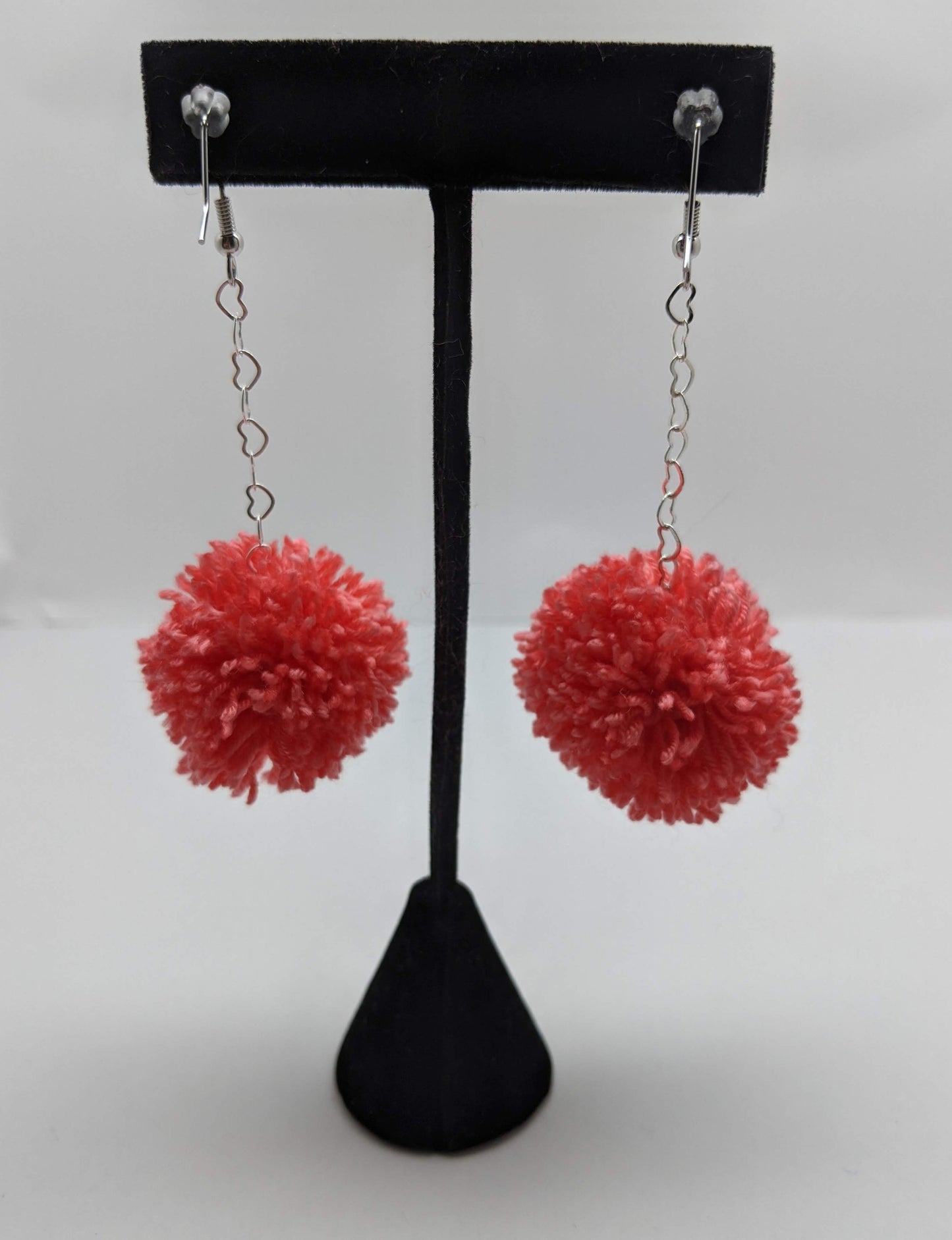 Pom Pom Earrings Coral Yarn w/ Silver Plated Heart Chain
