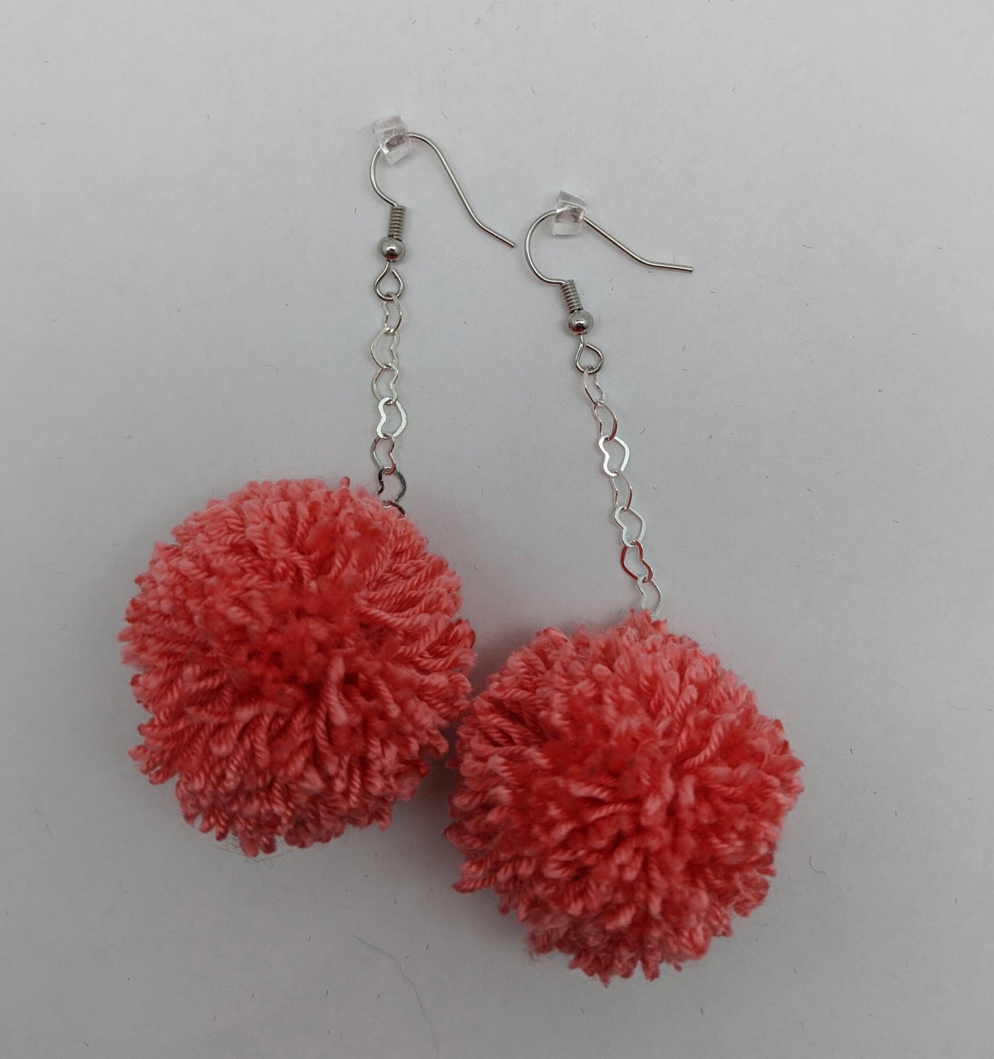 Pom Pom Earrings Coral Yarn w/ Silver Plated Heart Chain