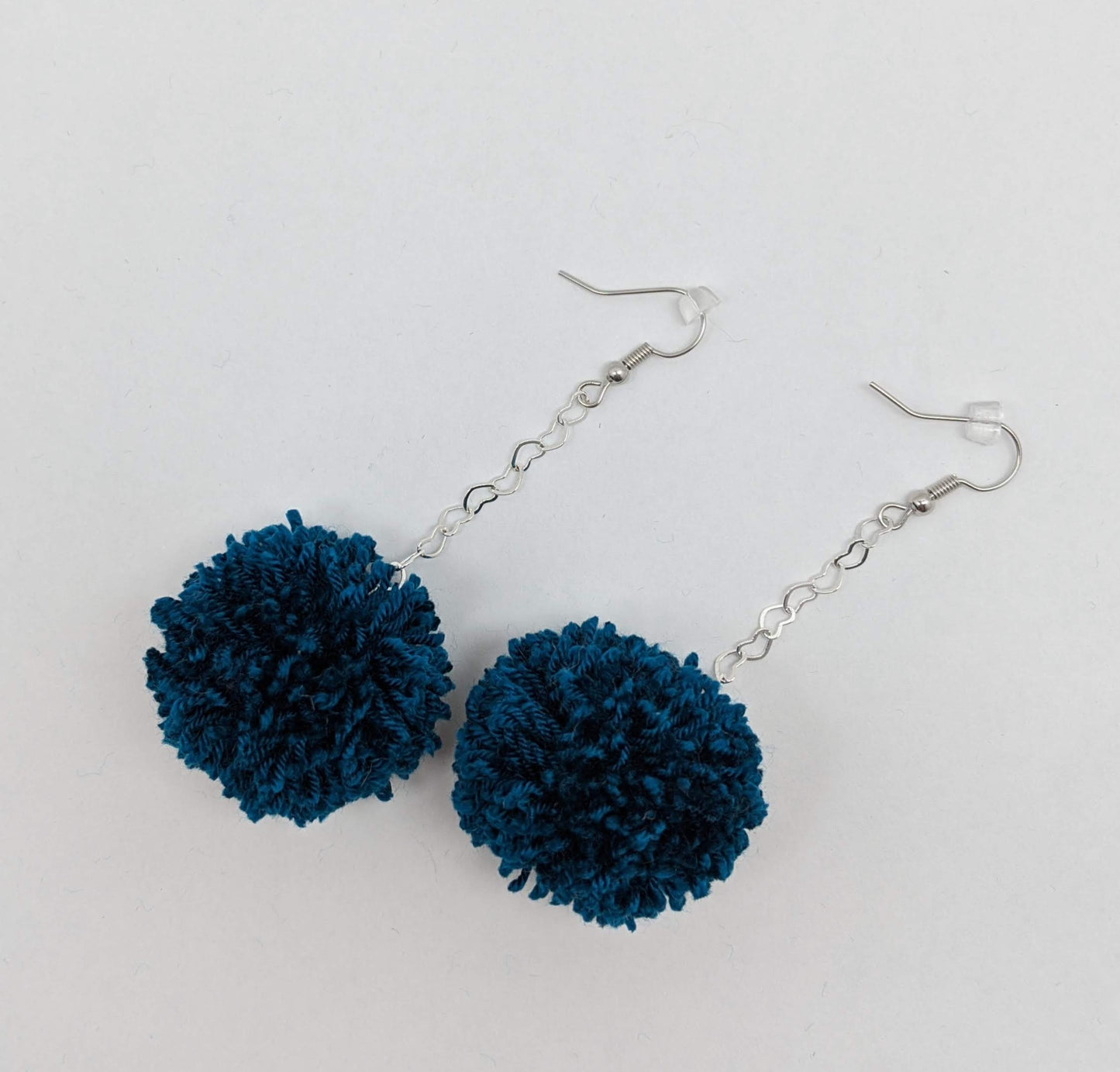 Pom Pom Earrings Dark Blue Yarn w/ Silver Plated Heart Chain