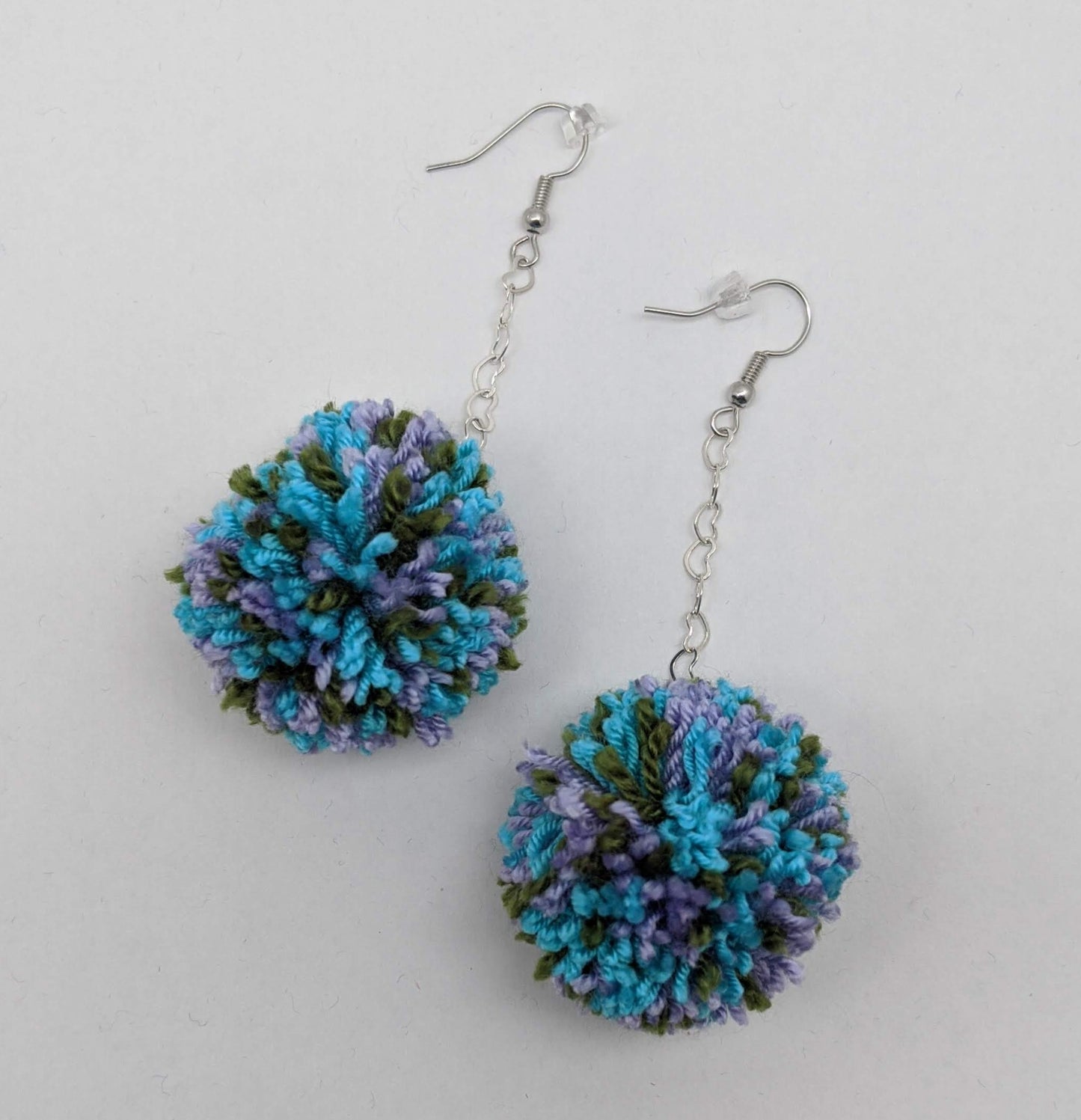 Pom Pom Earrings Green Lavender Aqua Yarn w/ Silver Plated Heart Chain