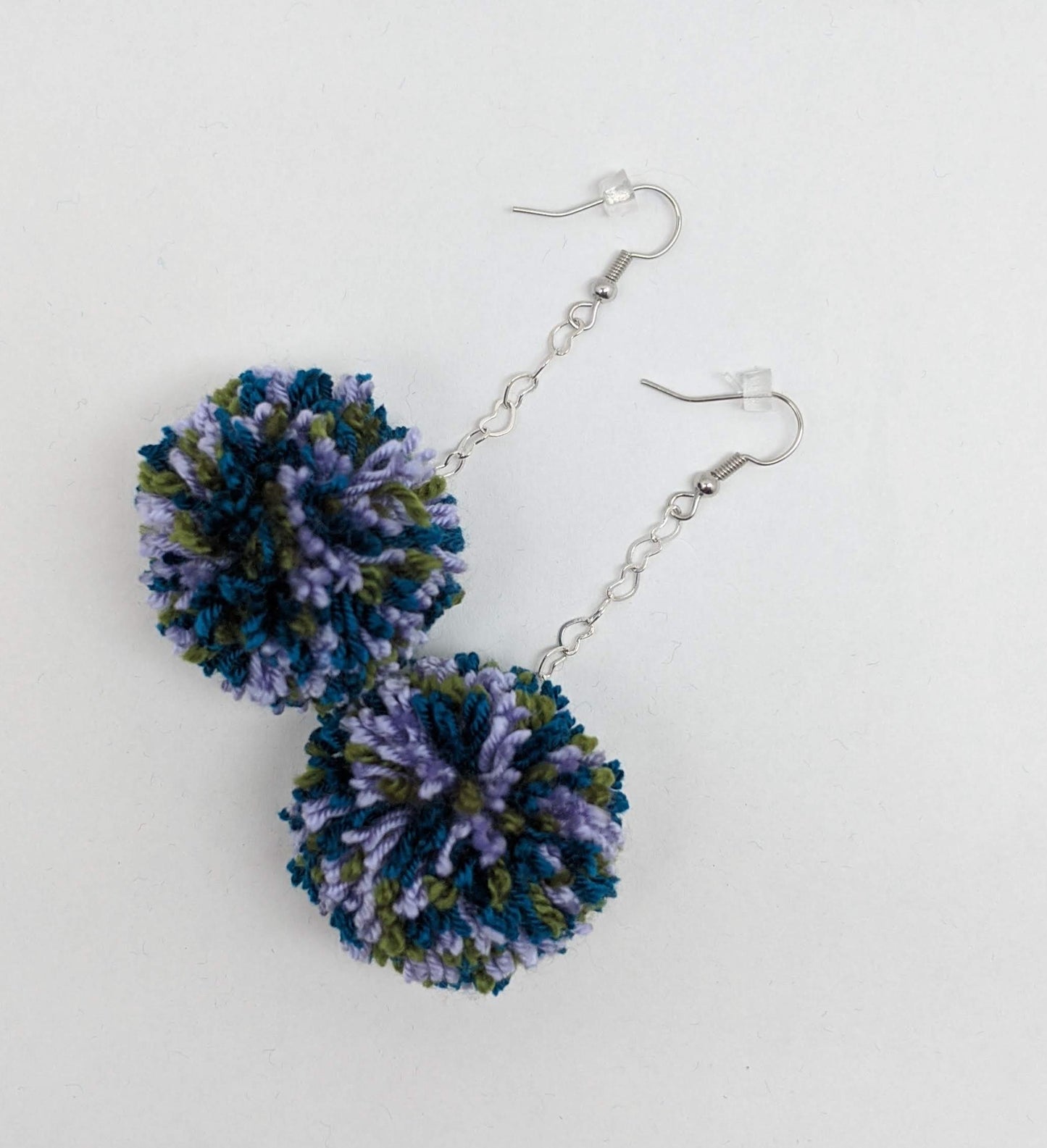 Pom Pom Earrings Dark Blue Lavender Green Yarn w/ Silver Plated Heart Chain