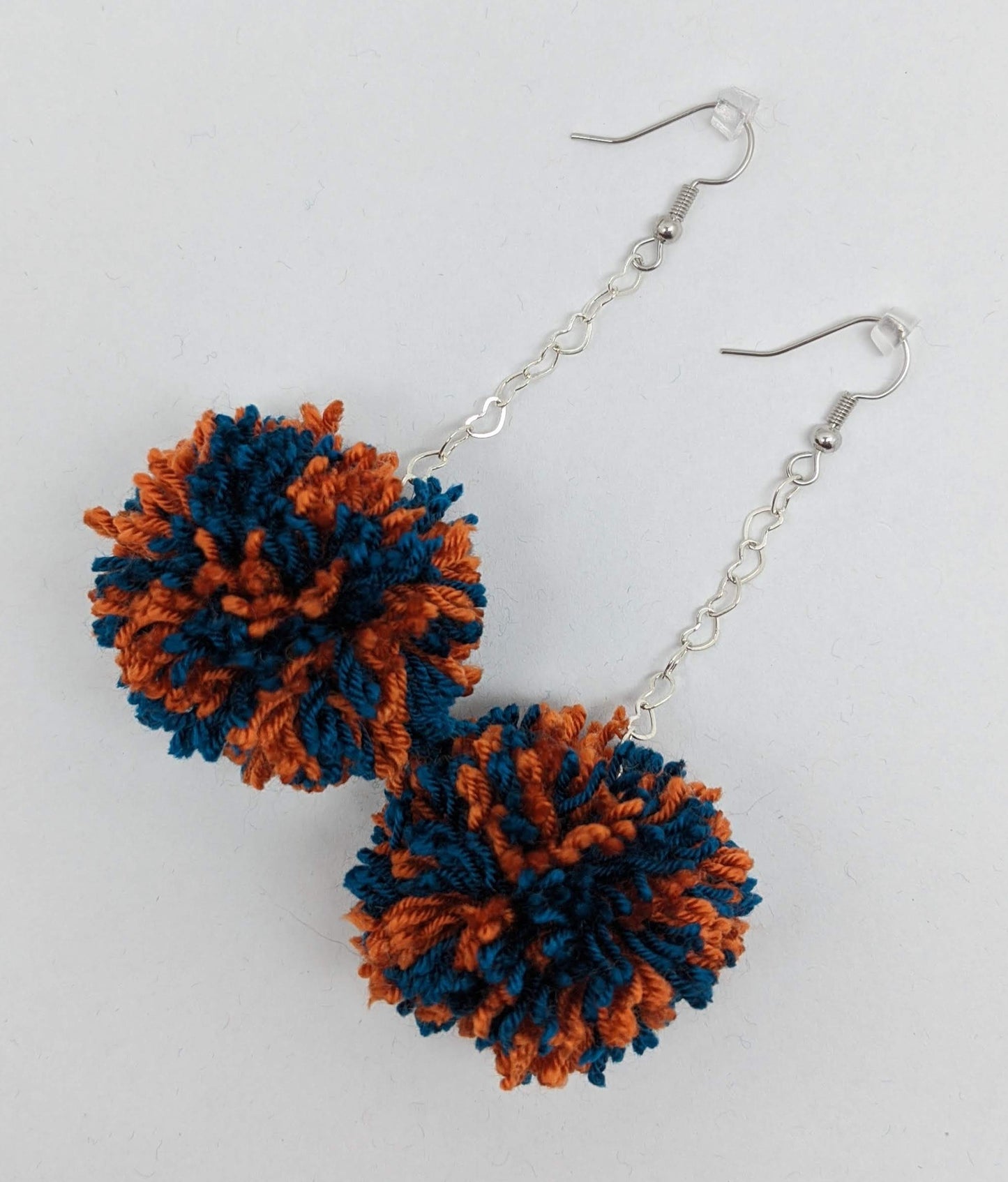 Pom Pom Earrings Dark Blue & Orange Yarn w/ Silver Plated Heart Chain