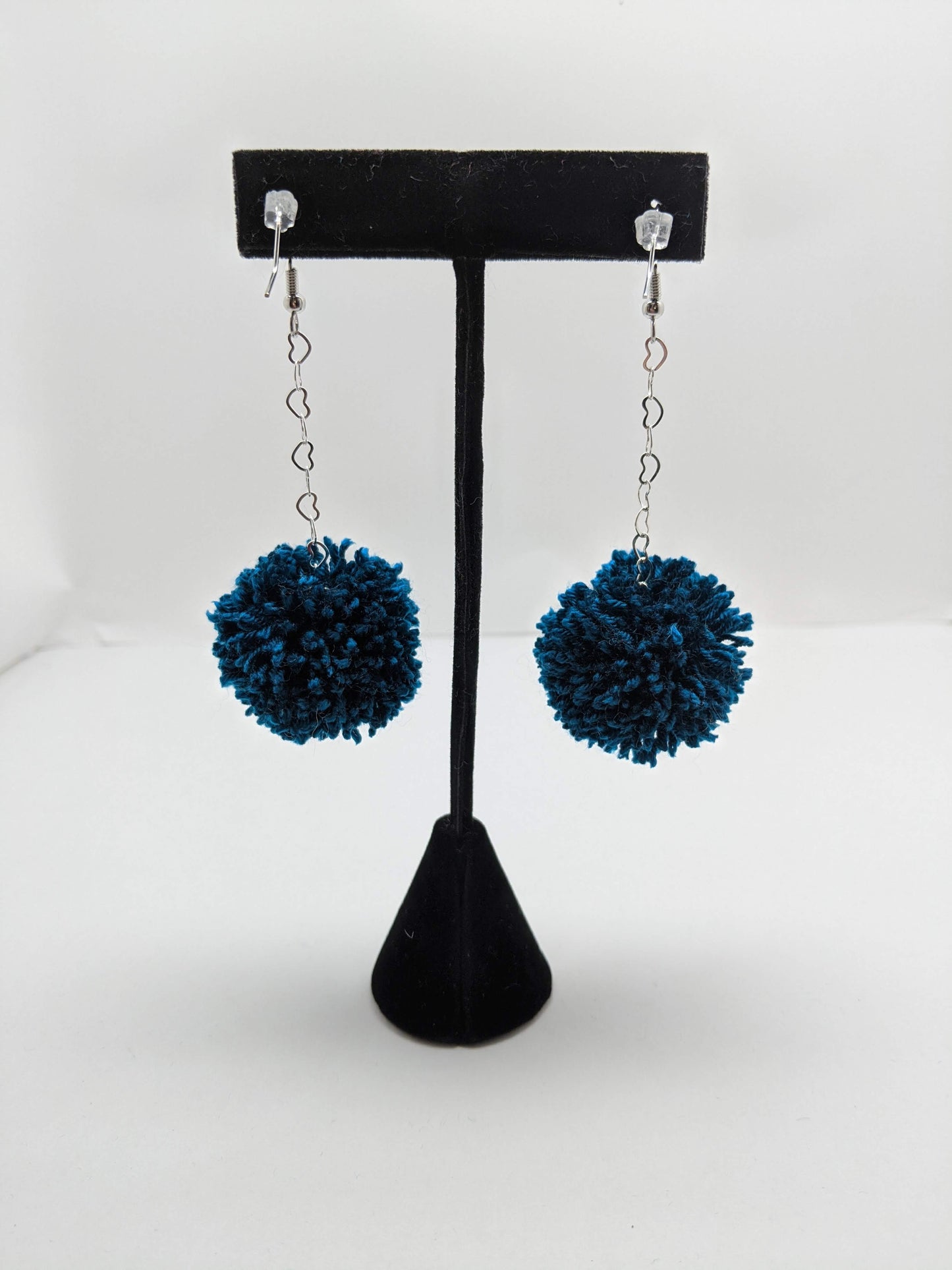 Pom Pom Earrings Dark Blue Yarn w/ Silver Plated Heart Chain
