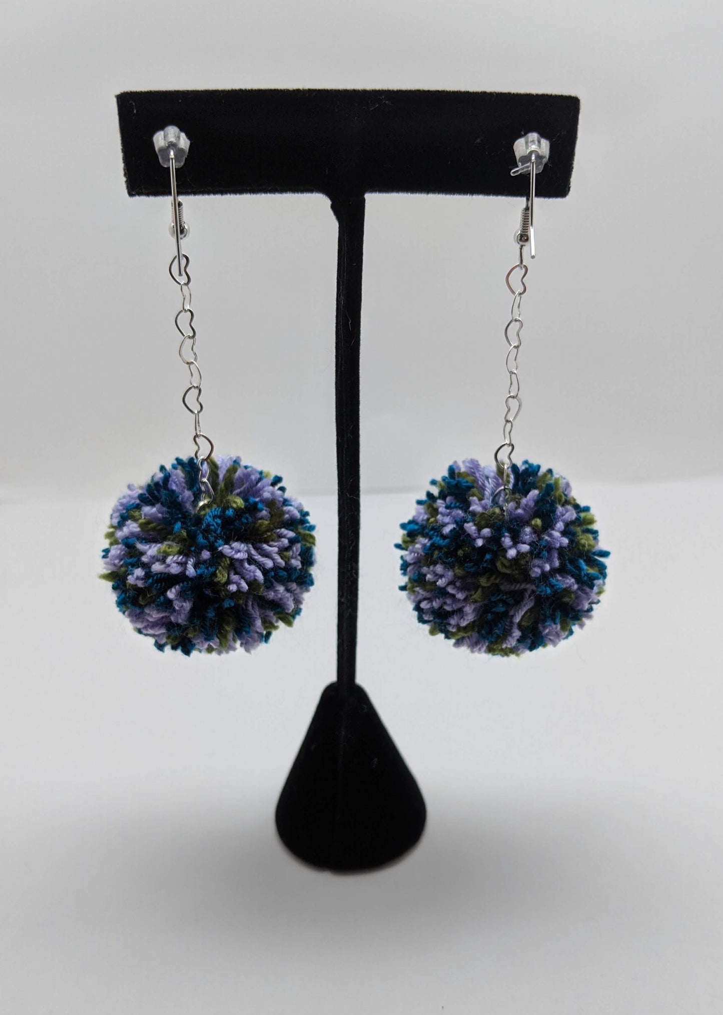 Pom Pom Earrings Dark Blue Lavender Green Yarn w/ Silver Plated Heart Chain