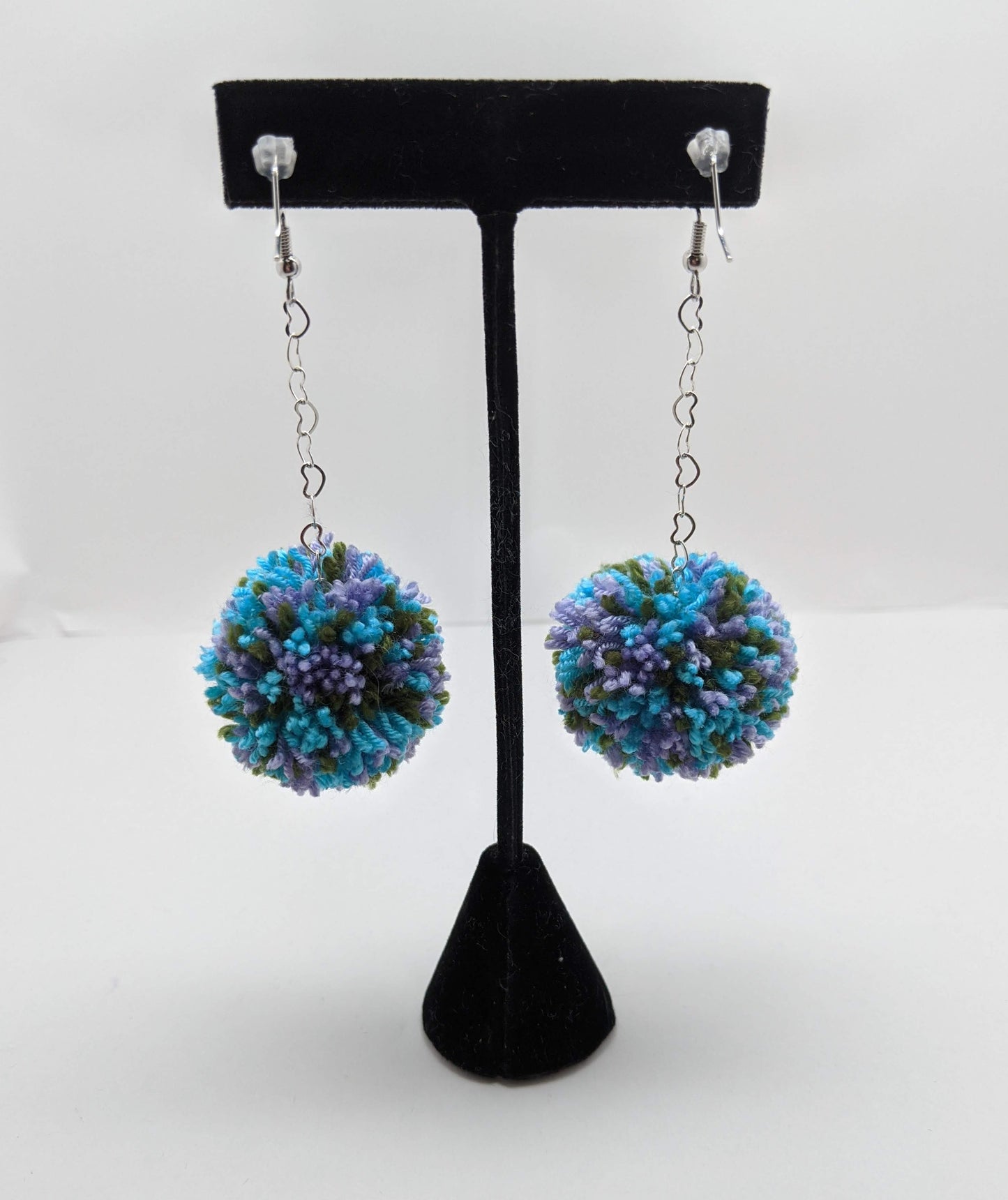 Pom Pom Earrings Green Lavender Aqua Yarn w/ Silver Plated Heart Chain
