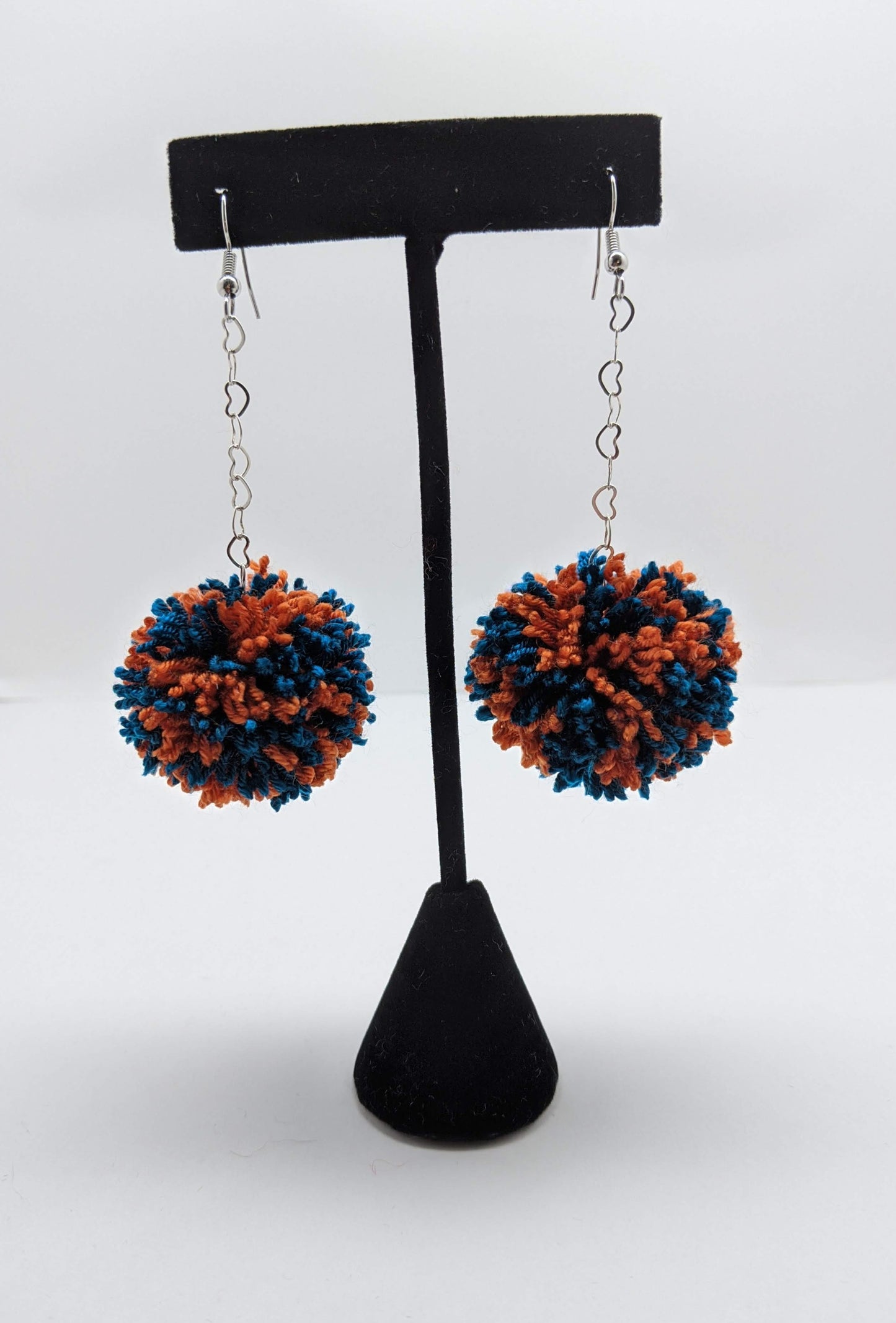Pom Pom Earrings Dark Blue & Orange Yarn w/ Silver Plated Heart Chain