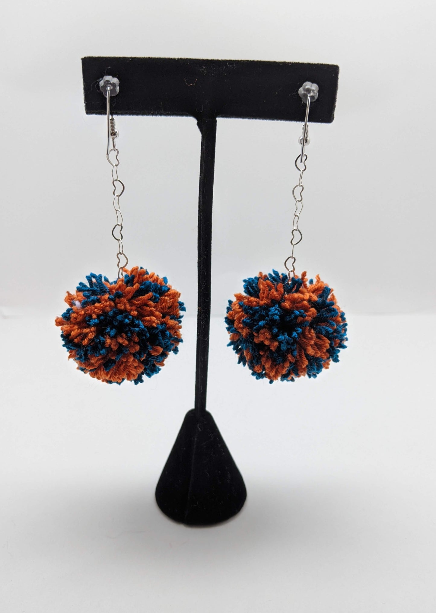 Pom Pom Earrings Dark Blue & Orange Yarn w/ Silver Plated Heart Chain