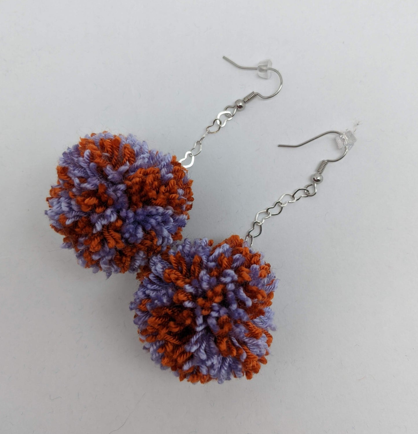Pom Pom Earrings Lavender & Orange Yarn w/ Silver Plated Heart Chain