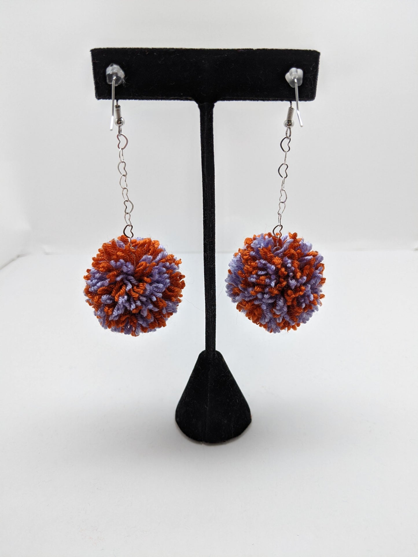 Pom Pom Earrings Lavender & Orange Yarn w/ Silver Plated Heart Chain