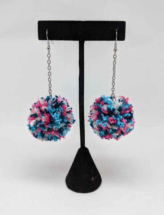 Pom Pom Earrings Pink Aqua White & Turquoise Yarn w/ Silver Plated Cable Chain