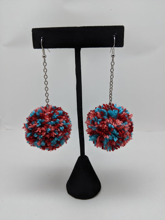 Pom Pom Earrings Coral Red & Aqua Yarn w/ Silver Plated Cable Chain