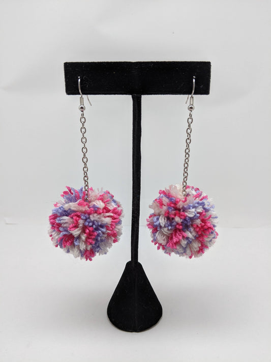 Pom Pom Earrings Lavender Pink & White Yarn w/ Silver Plated Cable Chain