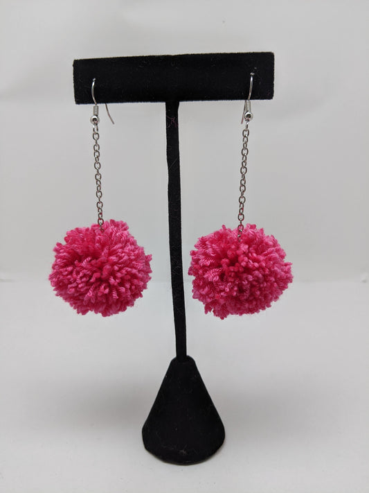 Pom Pom Earrings Hot Pink Yarn w/ Silver Plated Cable Chain