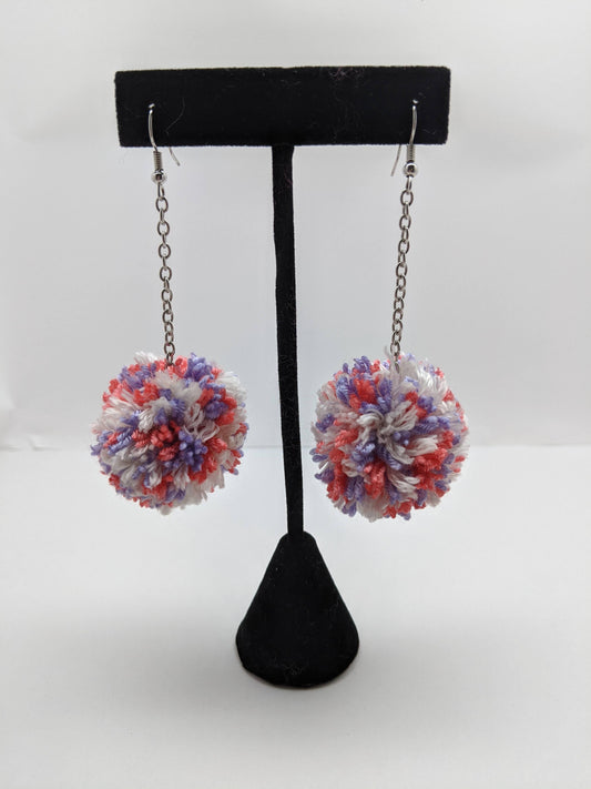 Pom Pom Earrings Coral Lavender & White Yarn w/ Silver Plated Cable Chain