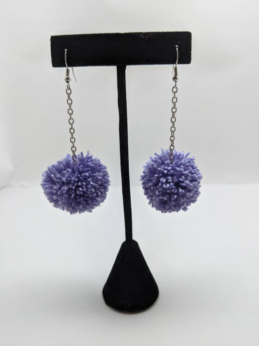 Pom Pom Earrings Lavender Yarn w/ Silver Plated Cable Chain