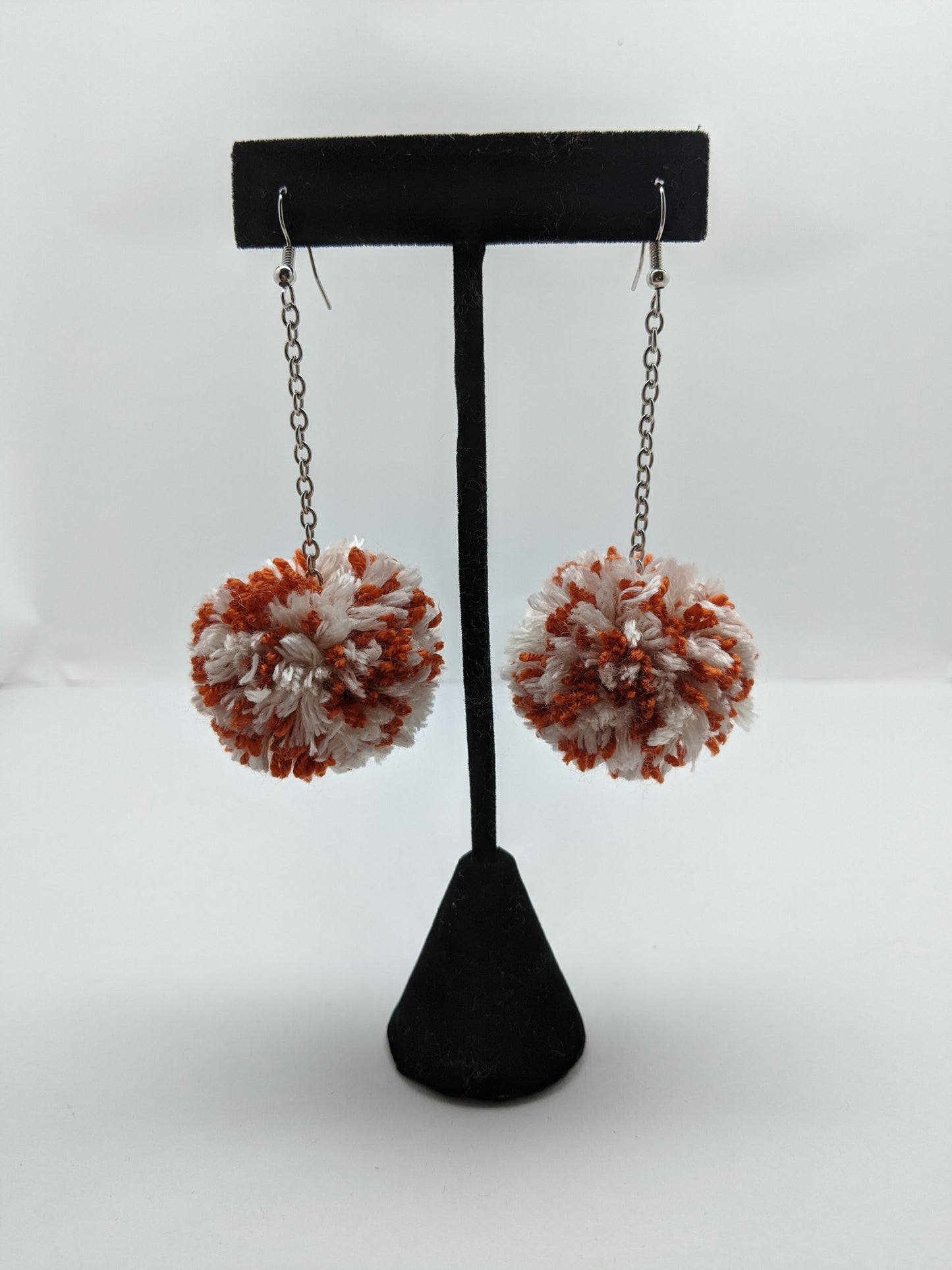 Pom Pom Earrings Pumpkin Orange & White Yarn w/ Silver Plated Cable Chain