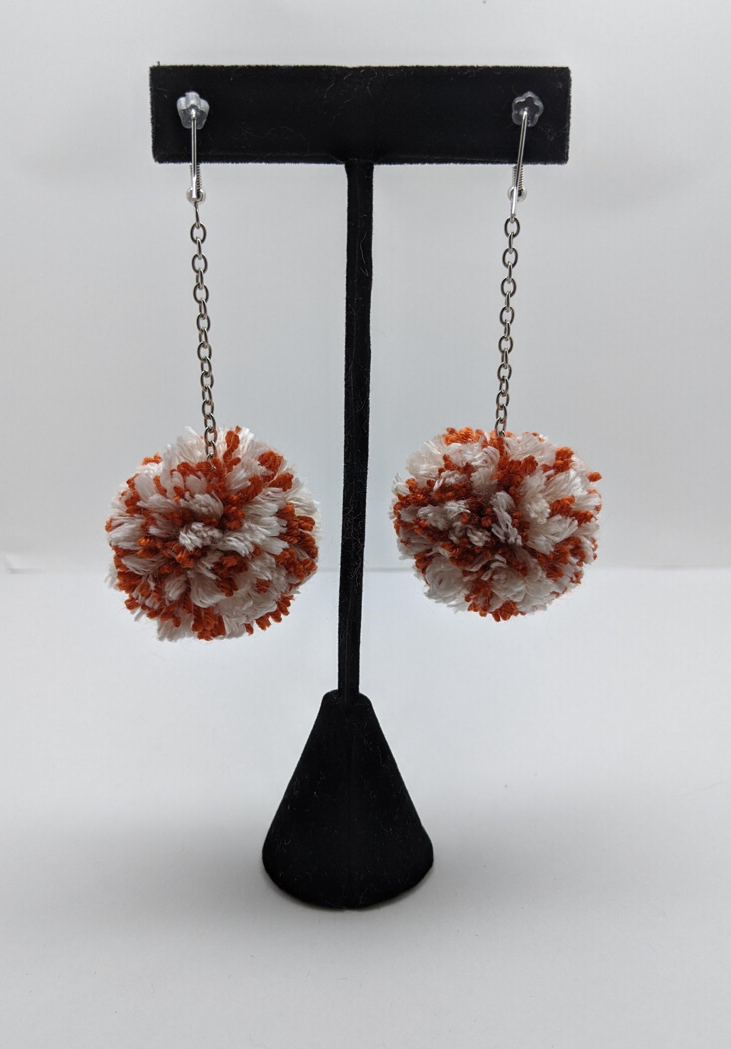 Pom Pom Earrings Pumpkin Orange & White Yarn w/ Silver Plated Cable Chain