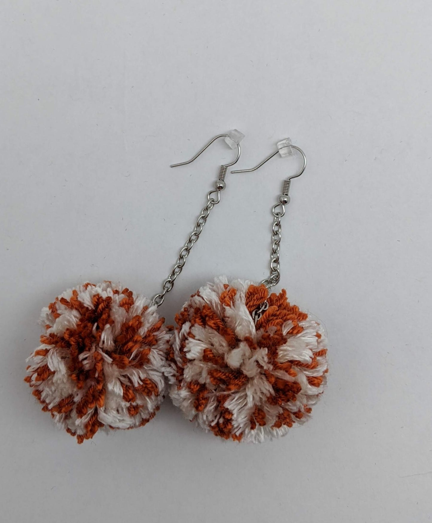 Pom Pom Earrings Pumpkin Orange & White Yarn w/ Silver Plated Cable Chain