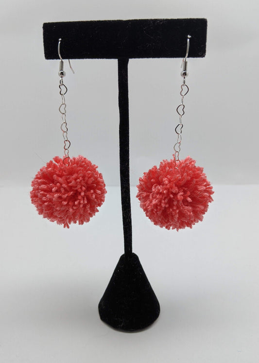 Pom Pom Earrings Coral Yarn w/ Silver Plated Heart Chain