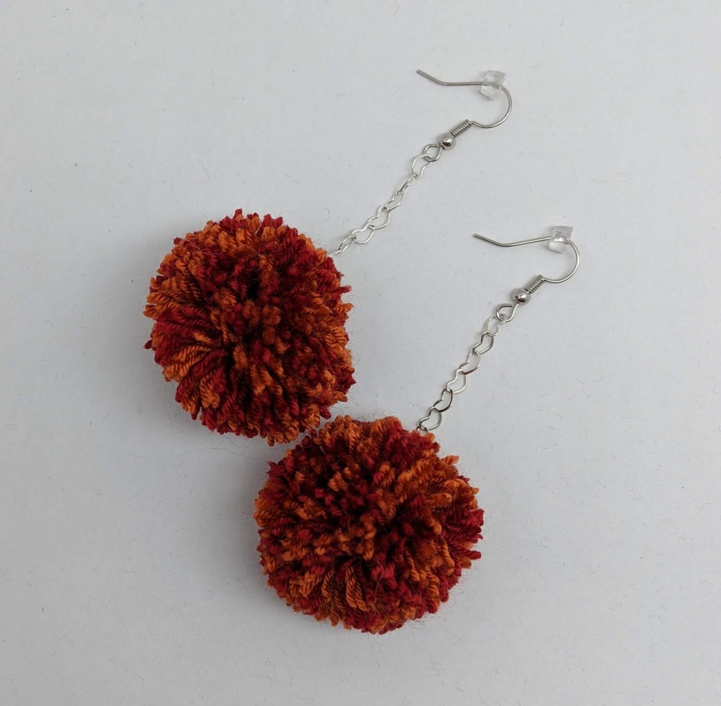 Pom Pom Earrings Red & Orange Yarn w/ Silver Plated Heart Chain