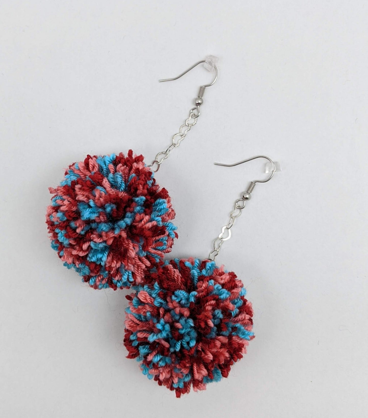 Pom Pom Earrings Red, Coral, Aqua Yarn w/ Silver Plated Heart Chain