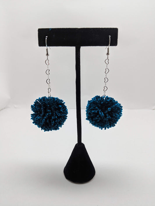 Pom Pom Earrings Dark Blue Yarn w/ Silver Plated Heart Chain