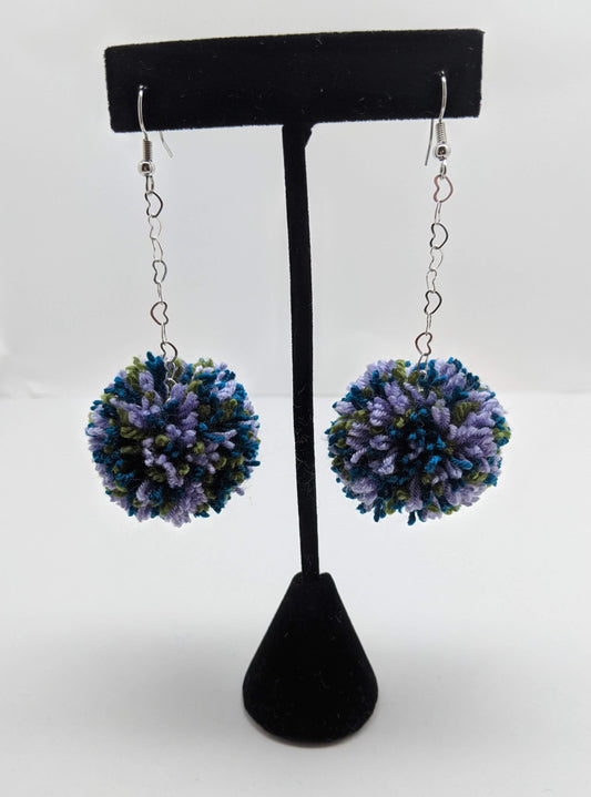 Pom Pom Earrings Dark Blue Lavender Green Yarn w/ Silver Plated Heart Chain