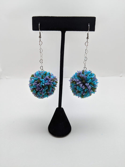 Pom Pom Earrings Green Lavender Aqua Yarn w/ Silver Plated Heart Chain