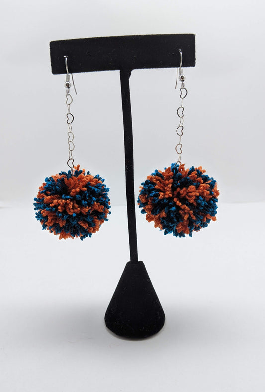 Pom Pom Earrings Dark Blue & Orange Yarn w/ Silver Plated Heart Chain