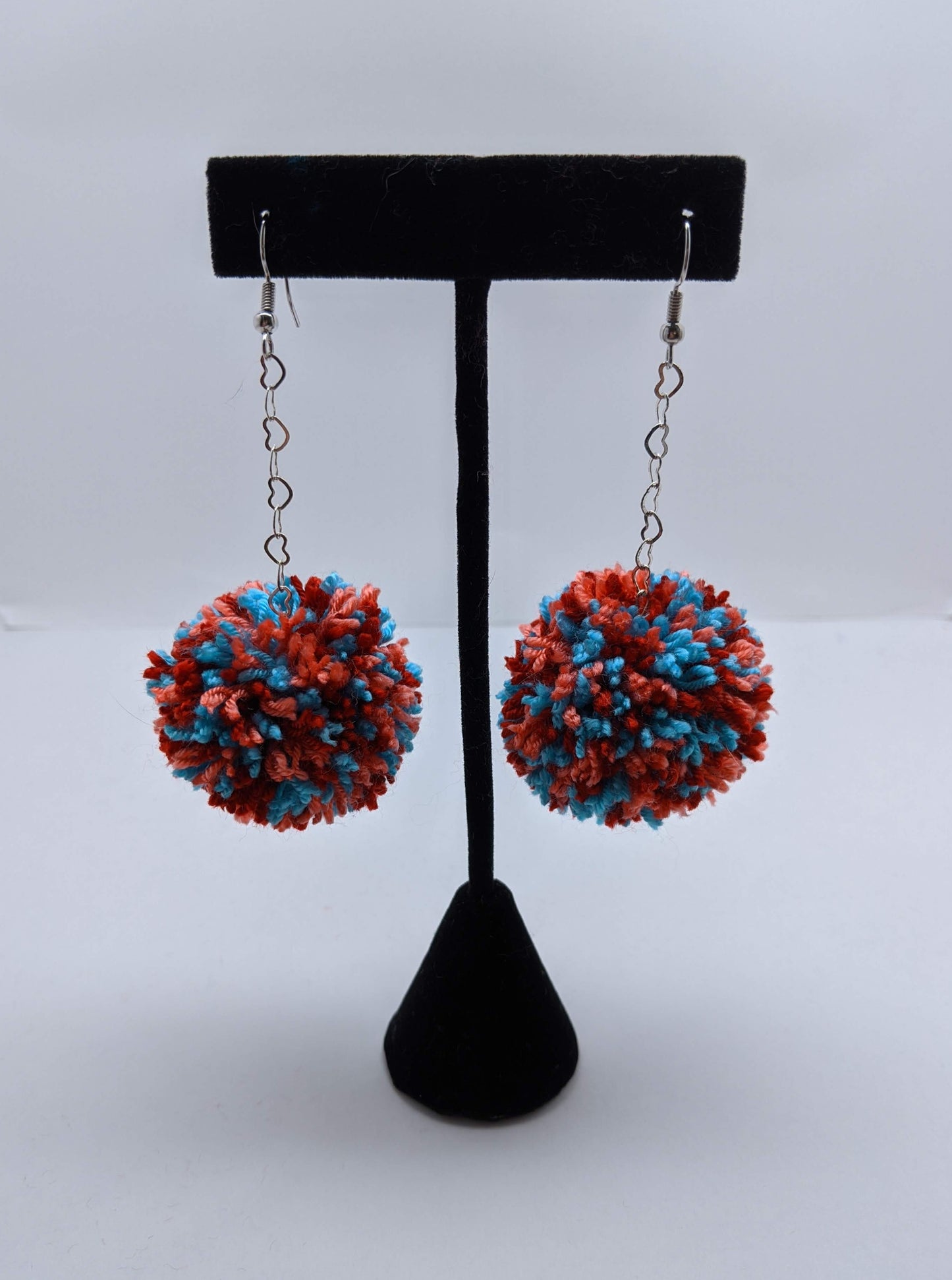 Pom Pom Earrings Red, Coral, Aqua Yarn w/ Silver Plated Heart Chain