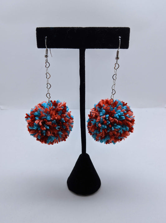 Pom Pom Earrings Red, Coral, Aqua Yarn w/ Silver Plated Heart Chain