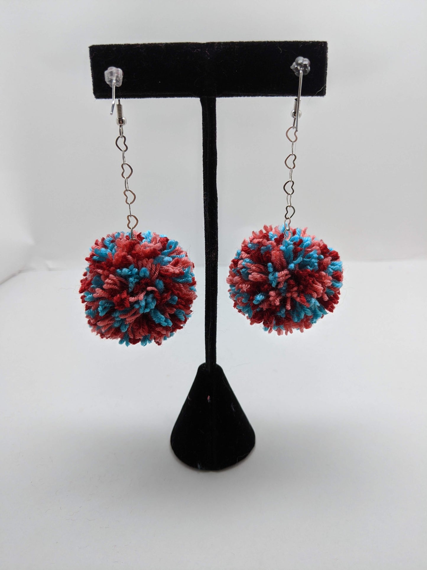 Pom Pom Earrings Red, Coral, Aqua Yarn w/ Silver Plated Heart Chain