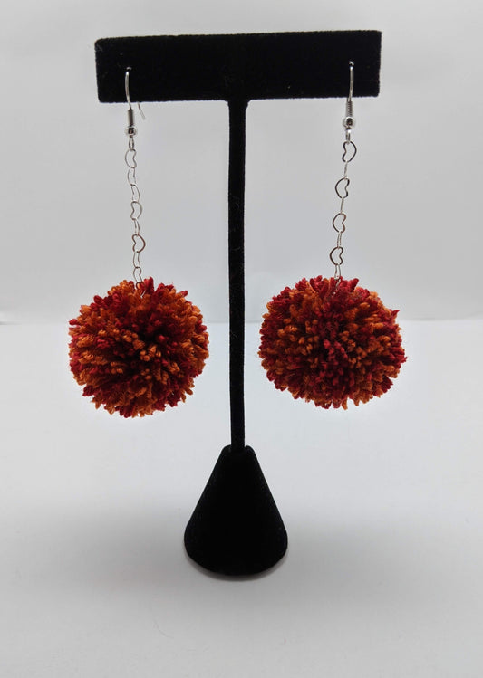 Pom Pom Earrings Red & Orange Yarn w/ Silver Plated Heart Chain