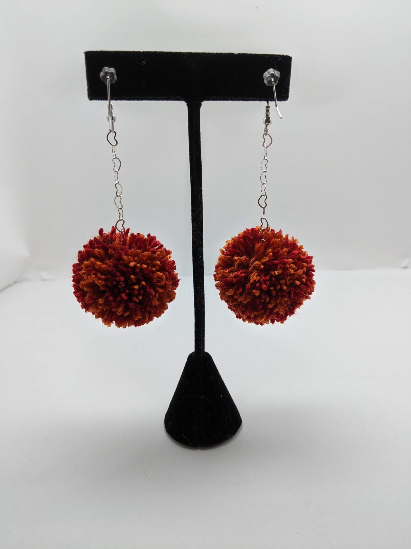 Pom Pom Earrings Red & Orange Yarn w/ Silver Plated Heart Chain