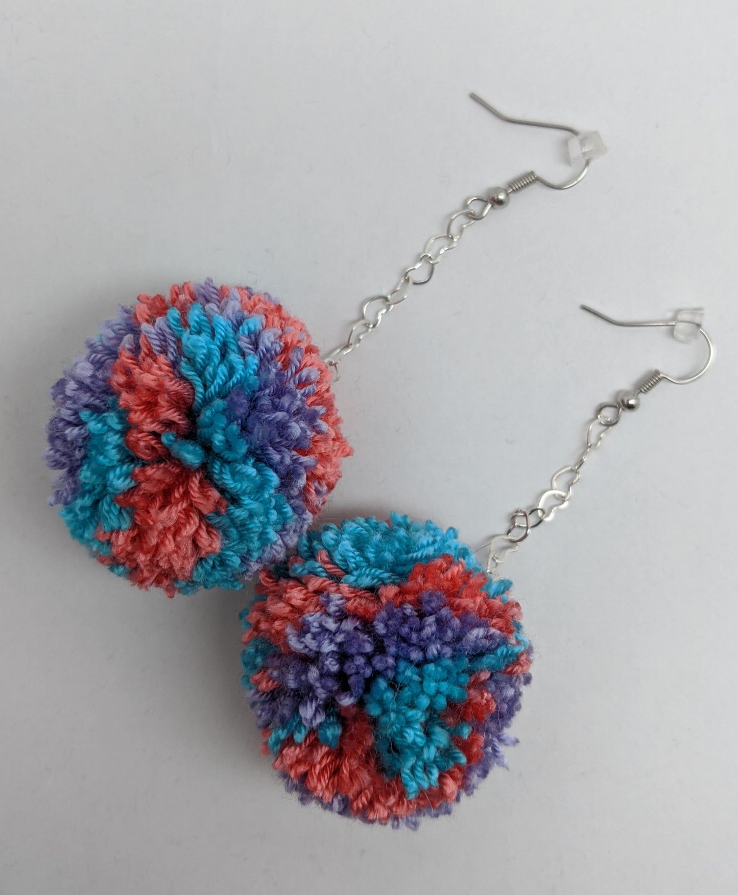 Pom Pom Earrings Tie Dye Style Lavender Coral Aqua w/ Silver Plated Heart Chain