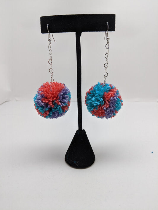 Pom Pom Earrings Tie Dye Style Lavender Coral Aqua w/ Silver Plated Heart Chain