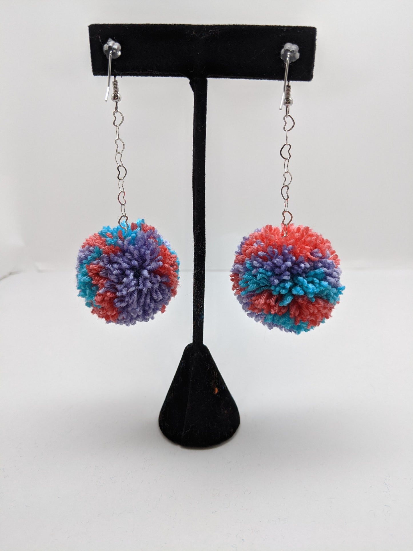 Pom Pom Earrings Tie Dye Style Lavender Coral Aqua w/ Silver Plated Heart Chain