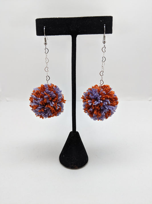 Pom Pom Earrings Lavender & Orange Yarn w/ Silver Plated Heart Chain